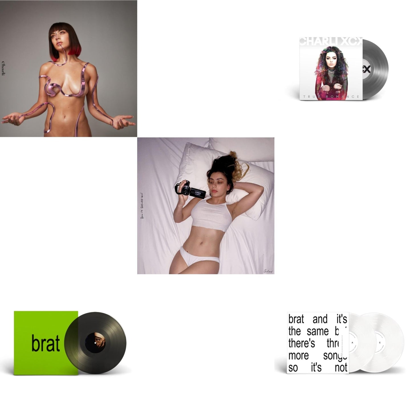 Charli Xcx - Brat & It's The Same But There's Three More Songs So It's Not (2LP/White Vinyl) & Brat (Black Ice LP Vinyl) & How I'm Feeling Now (Clear LP Vinyl) & Charli Charli (2LP) & True Romance Original Angels Repress