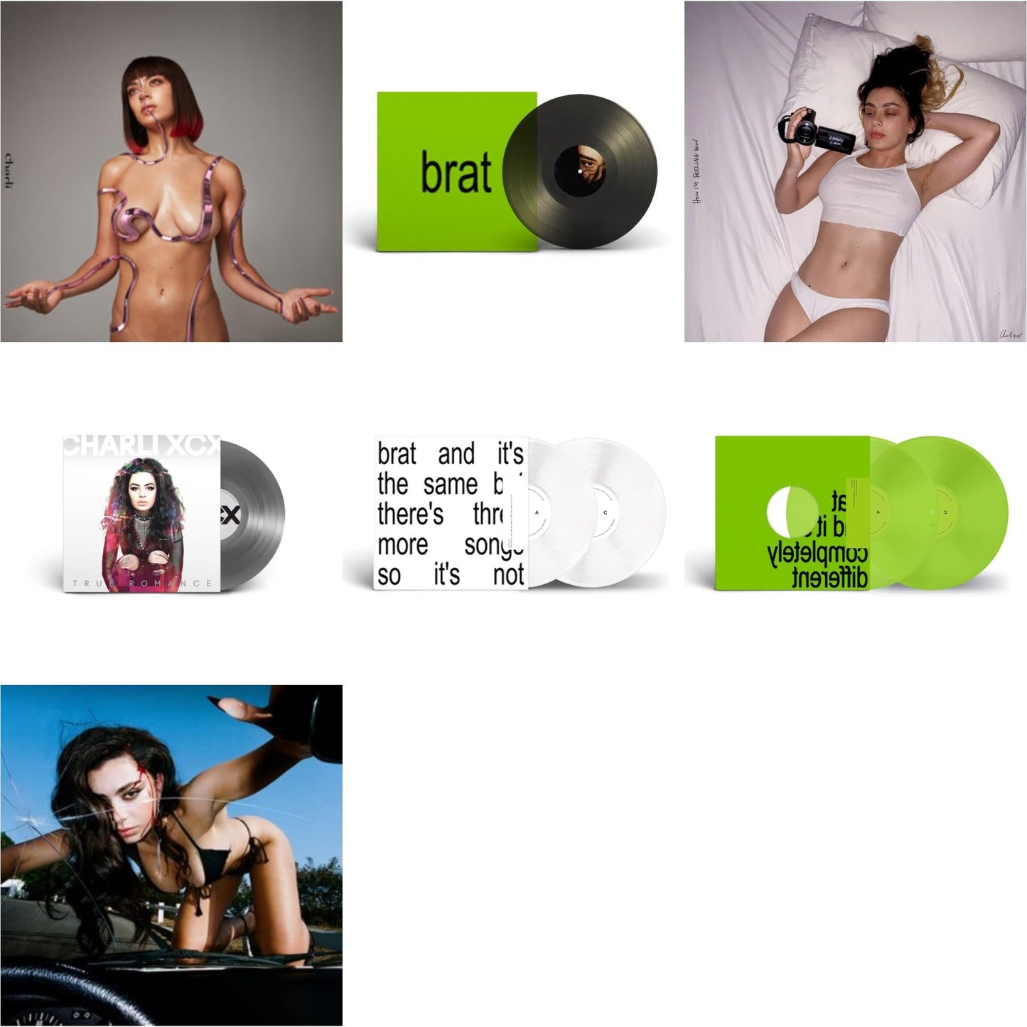 Charli Xcx - Brat & It's The Same But There's Three More Songs So It's Not (2LP/White Vinyl) & Brat & It's Completely Different (2LP/Brat Green Vinyl) & Brat (Black Ice LP Vinyl) & How I'm Feeling Now (Clear LP Vinyl) & Charli Charli (2LP) & True
