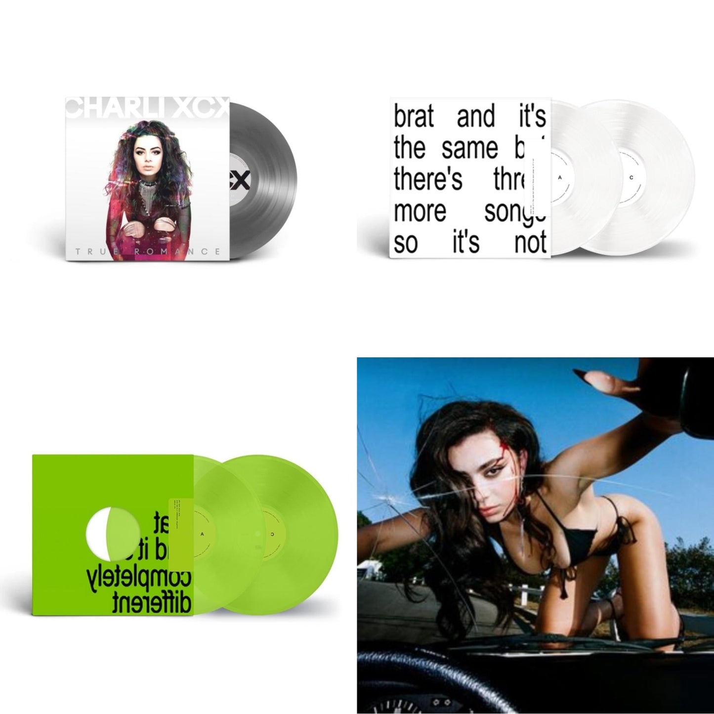 Charli Xcx - Brat & It's The Same But There's Three More Songs So It's Not (2LP/White Vinyl) & Brat & It's Completely Different (2LP/Brat Green Vinyl) & True Romance Original Angels Repress & Crash