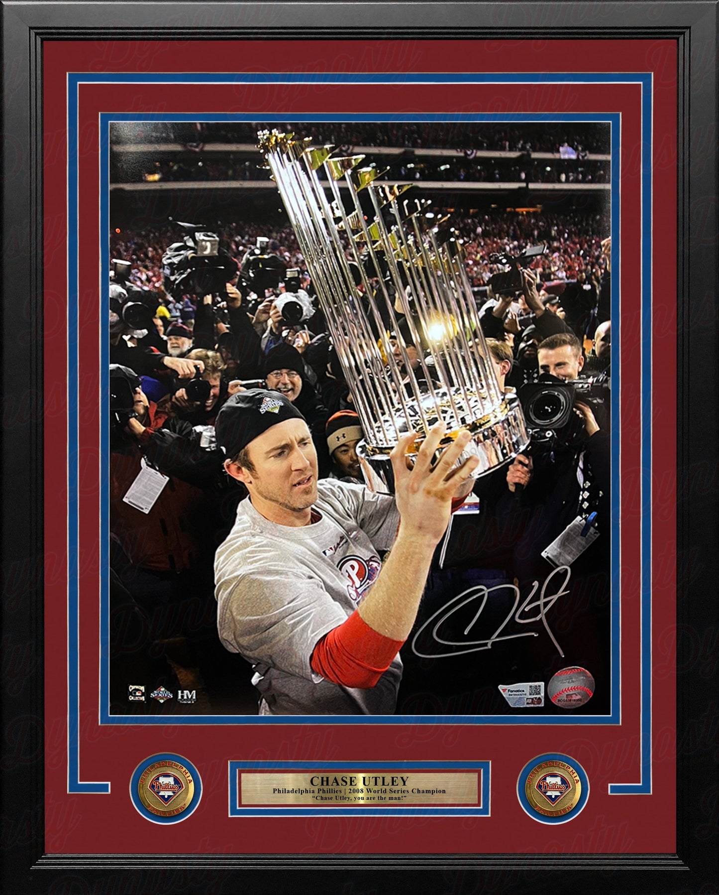 Chase Utley 2008 World Series Trophy Philadelphia Phillies Autographed 16" x 20" Framed Baseball Photo