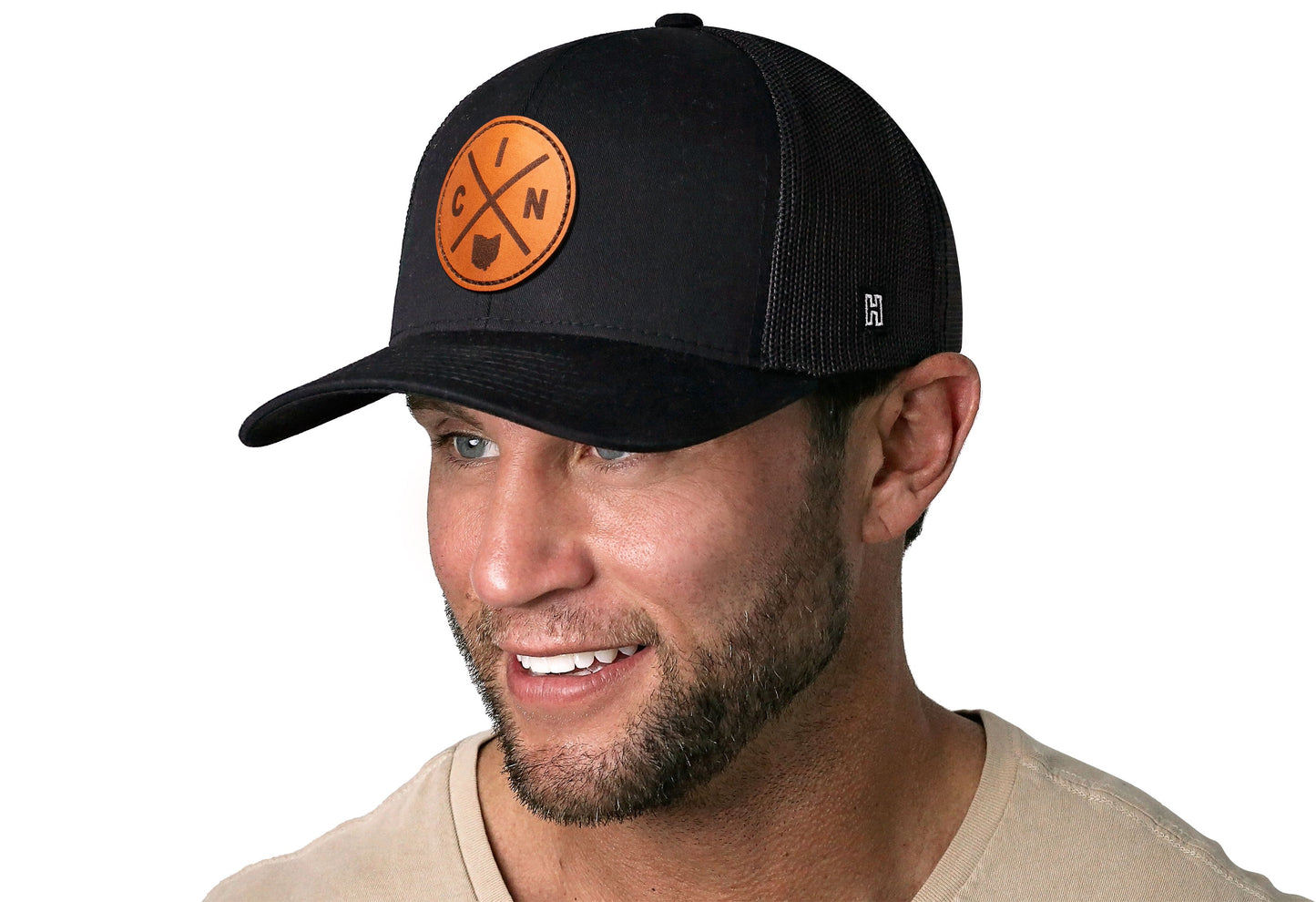 Cincinnati Trucker Hat Leather  |  Black CIN X Snapback