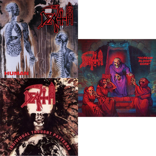 Death - Scream Bloody Gore (Neon Violet, Bone White & Red  Tri Color Merge With Splatter LP Vinyl) & Human (Bone White, Blue Jay & Gold Tri Color Merge With Splatter LP Vinyl) & Individual Thought Patterns - Reissue