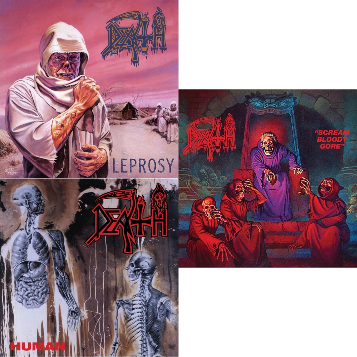 Death - Leprosy Reissue (Hot Pink, Bone White & Blue Jay Tri Color Merge With Splatter LP Vinyl) & Human (Bone White, Blue Jay & Gold Tri Color Merge With Splatter LP Vinyl) & Scream Bloody Gore (Reissue)