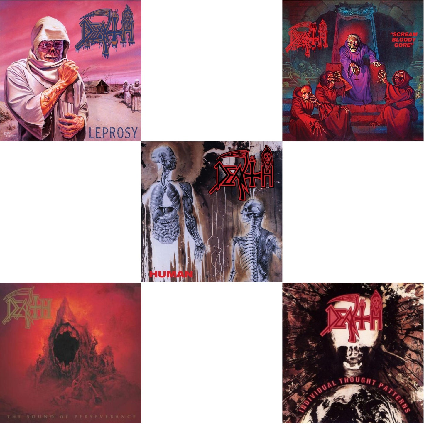 Death - Leprosy (Reissue) & Sound Of Perseverance (Black, Red & Gold Tri Color Merge Withsplatter Vinyl/2LP) & Human (Remastered Reissue) & Scream Bloody Gore (Reissue) & Individual Thought Patterns - Reissue