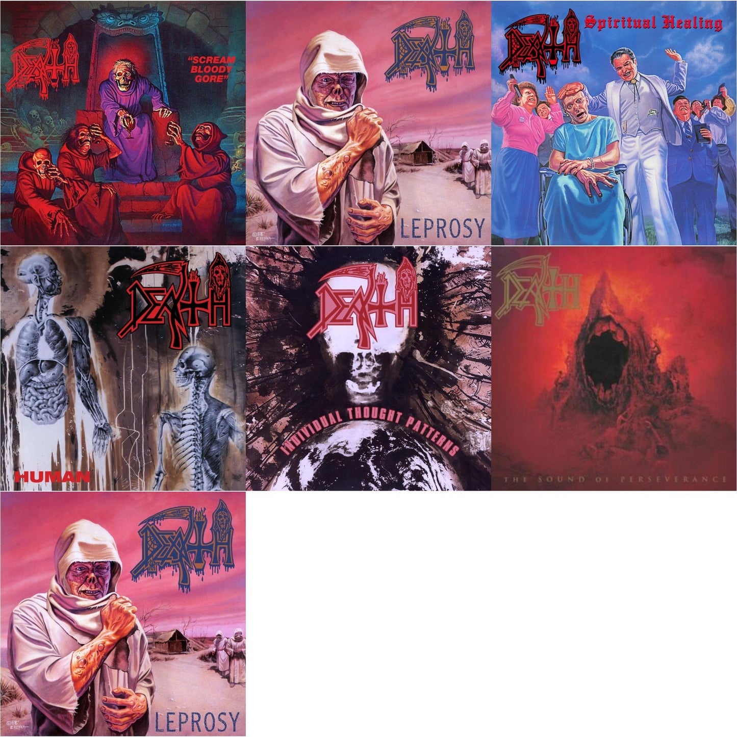 Death - Scream Bloody Gore (Neon Violet, Bone White & Red  Tri Color Merge With Splatter LP Vinyl) & Leprosy Reissue (Hot Pink, Bone White & Blue Jay Tri Color Merge With Splatter LP Vinyl) & Spiritual Healing - Reissue (Red, Cyan Blue & Black Tri