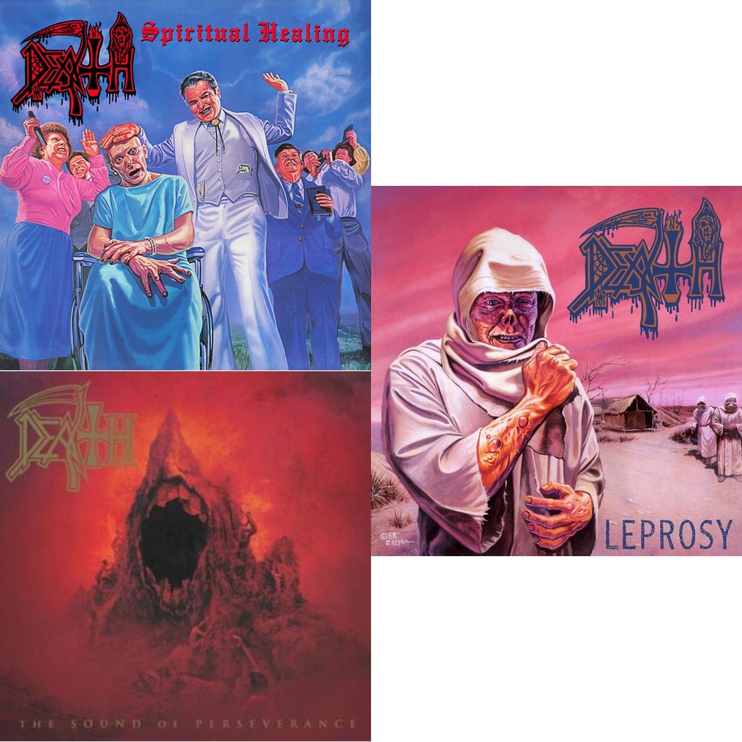 Death - Spiritual Healing - Reissue (Red, Cyan Blue & Black Tri Color Merge With Splatter LP Vinyl) & Sound Of Perseverance (Black, Red & Gold Tri Color Merge Withsplatter Vinyl/2LP) & Leprosy (Reissue)