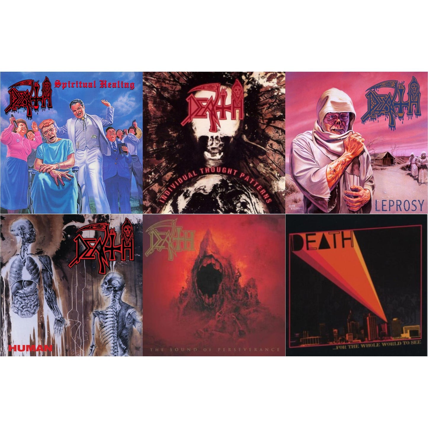 Death - For The Whole World To See & Human (Bone White, Blue Jay & Gold Tri Color Merge With Splatter LP Vinyl) & Sound Of Perseverance (Black, Red & Gold Tri Color Merge Withsplatter Vinyl/2LP) & Individual Thought Patterns - Reissue & Spiritual