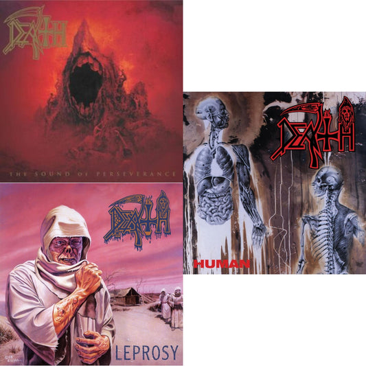 Death - Leprosy Reissue (Hot Pink, Bone White & Blue Jay Tri Color Merge With Splatter LP Vinyl) & Human (Bone White, Blue Jay & Gold Tri Color Merge With Splatter LP Vinyl) & Sound Of Perseverance (Black, Red & Gold Tri Color Merge Withsplatter