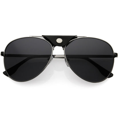Button Snap Vegan Leather Crossbar Strap Teardrop Oversize Aviator Sunglasses D063