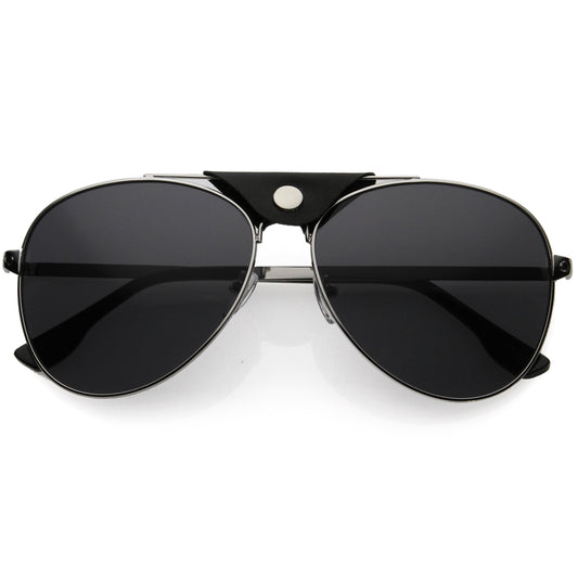 Button Snap Vegan Leather Crossbar Strap Teardrop Oversize Aviator Sunglasses D063