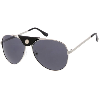 Button Snap Vegan Leather Crossbar Strap Teardrop Oversize Aviator Sunglasses D063