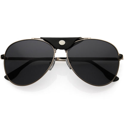 Button Snap Vegan Leather Crossbar Strap Teardrop Oversize Aviator Sunglasses D063