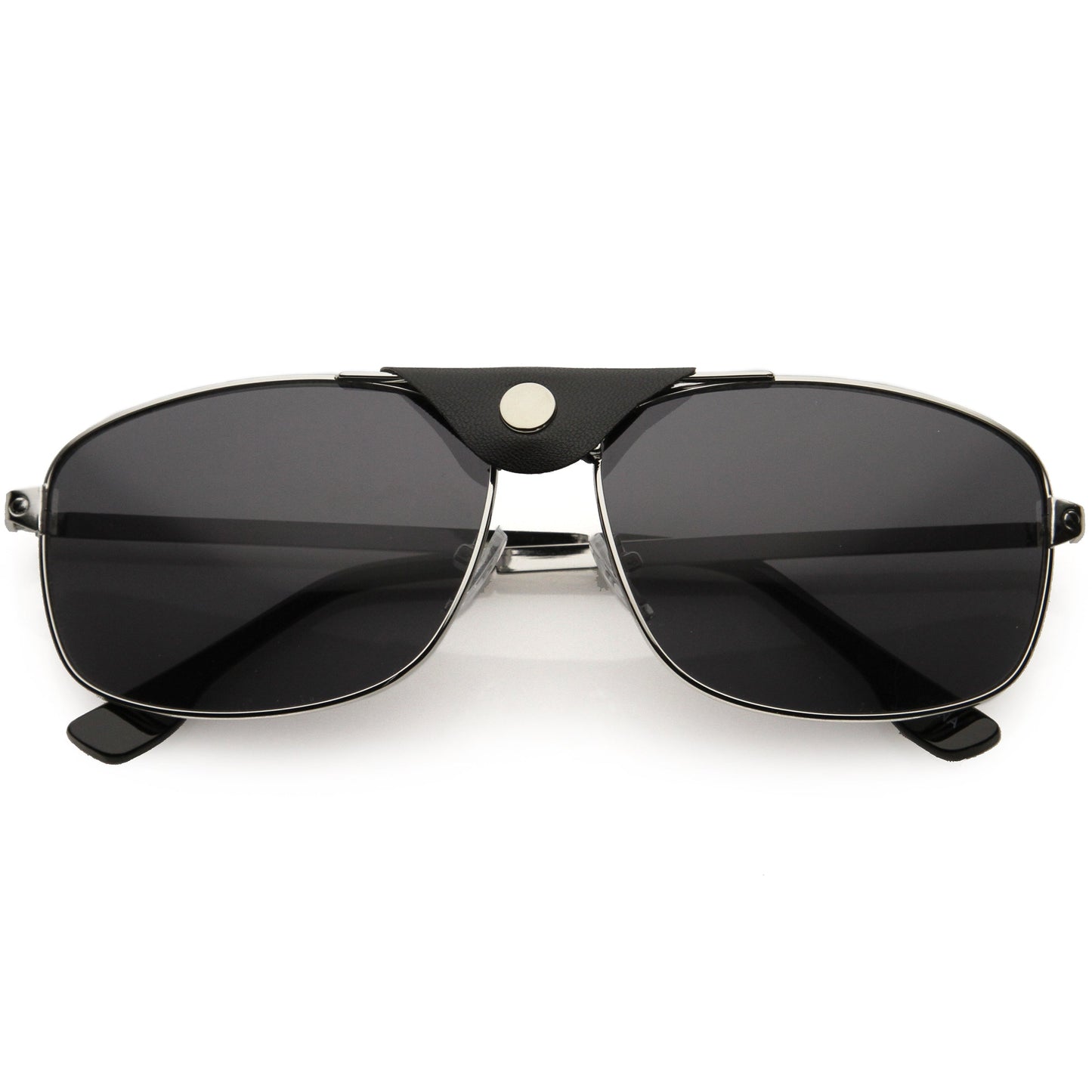 Button Snap Vegan Leather Strap Metal Crossbar Square Aviator Sunglasses D065