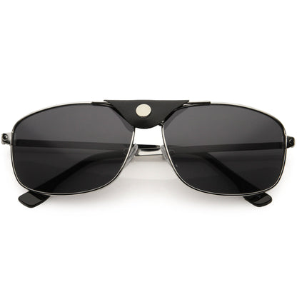 Button Snap Vegan Leather Strap Metal Crossbar Square Aviator Sunglasses D065