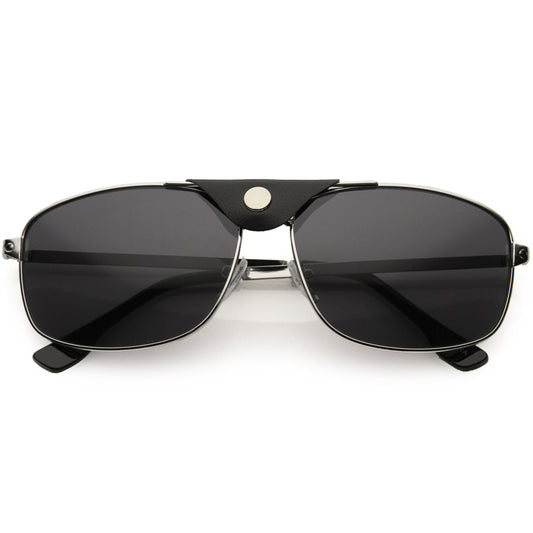 Button Snap Vegan Leather Strap Metal Crossbar Square Aviator Sunglasses D065