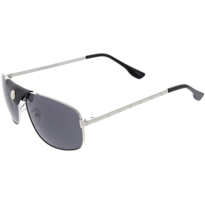 Button Snap Vegan Leather Strap Metal Crossbar Square Aviator Sunglasses D065