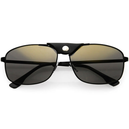 Button Snap Vegan Leather Strap Metal Crossbar Square Aviator Sunglasses D065
