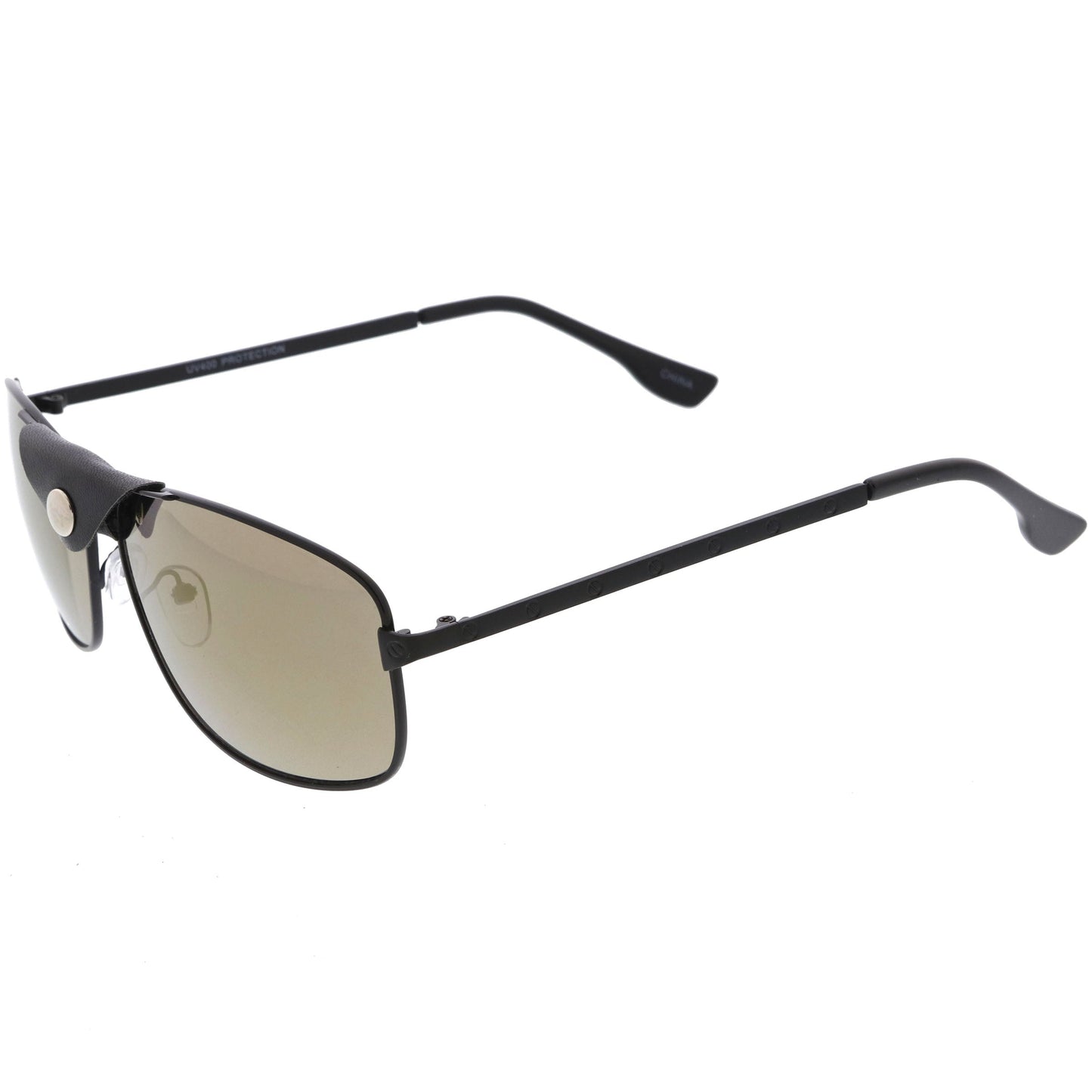 Button Snap Vegan Leather Strap Metal Crossbar Square Aviator Sunglasses D065