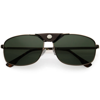 Button Snap Vegan Leather Strap Metal Crossbar Square Aviator Sunglasses D065