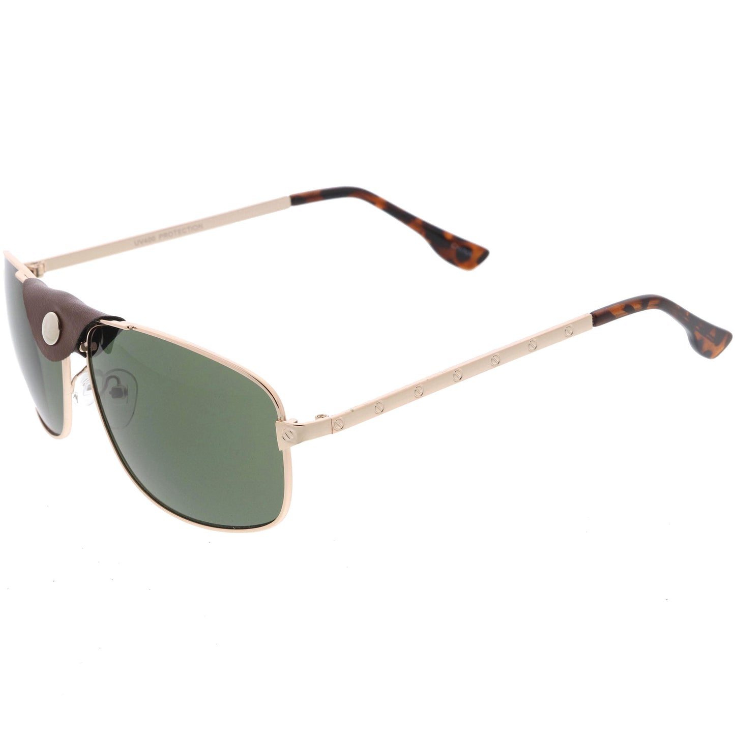 Button Snap Vegan Leather Strap Metal Crossbar Square Aviator Sunglasses D065