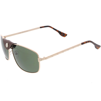 Button Snap Vegan Leather Strap Metal Crossbar Square Aviator Sunglasses D065