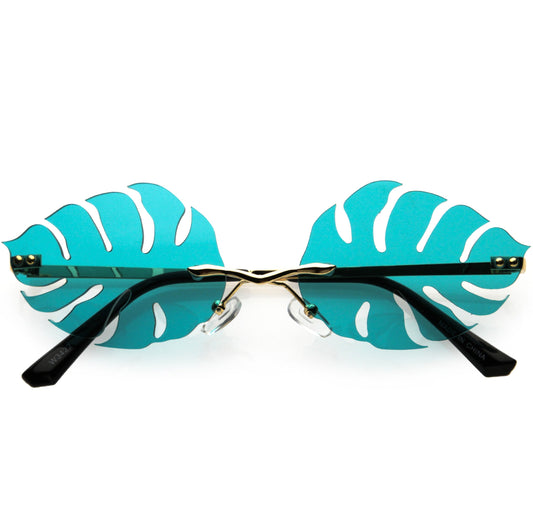 Tropical Palm Leaf Shape Cut-Out Rimless Color Tinted Leaves Sunglasses D075