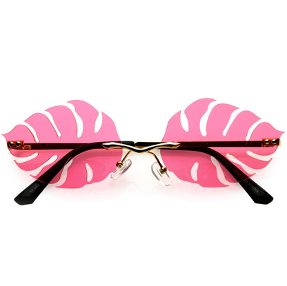 Tropical Palm Leaf Shape Cut-Out Rimless Color Tinted Leaves Sunglasses D075