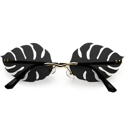 Tropical Palm Leaf Shape Cut-Out Rimless Color Tinted Leaves Sunglasses D075