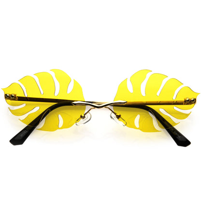 Tropical Palm Leaf Shape Cut-Out Rimless Color Tinted Leaves Sunglasses D075