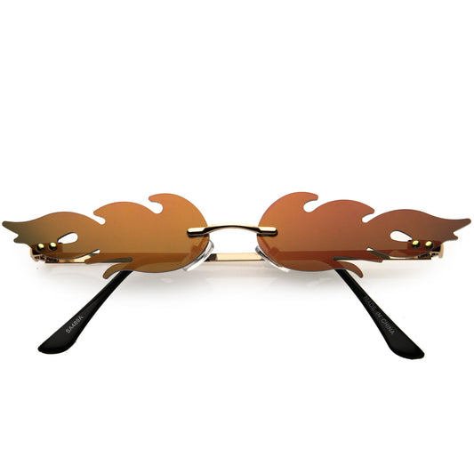 Bold Fire Flaming Shape Mirrored Lens Rimless Flames Sunglasses D081