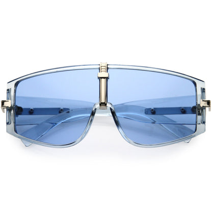Bold Curved Color Tinted Lens Premium Metal Accent Shield Sunglasses D096
