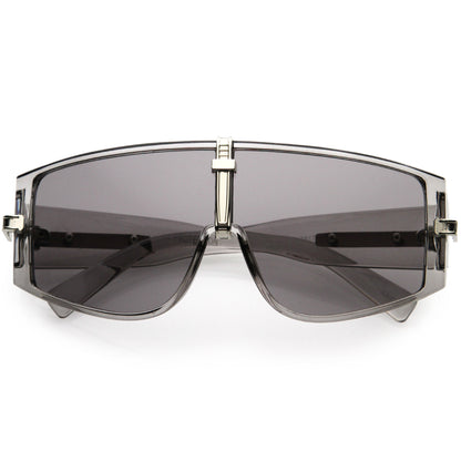Bold Curved Color Tinted Lens Premium Metal Accent Shield Sunglasses D096