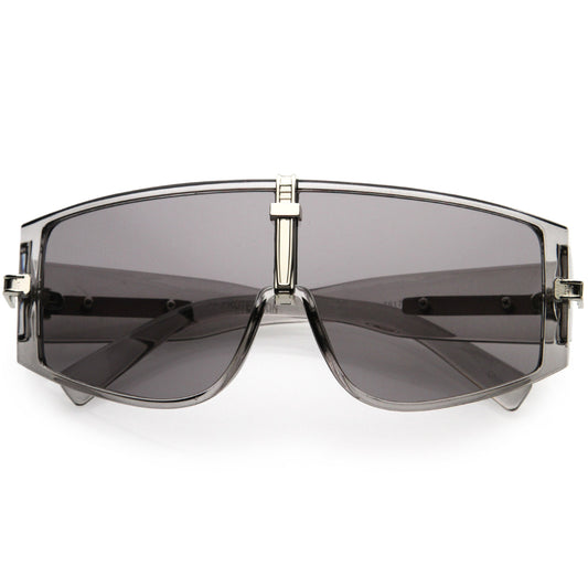 Bold Curved Color Tinted Lens Premium Metal Accent Shield Sunglasses D096