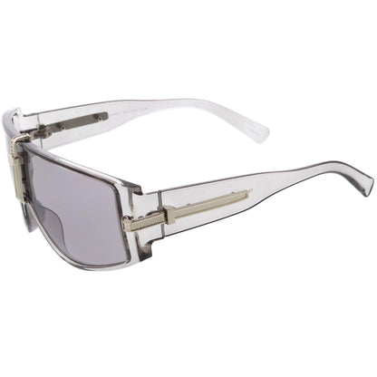 Bold Curved Color Tinted Lens Premium Metal Accent Shield Sunglasses D096