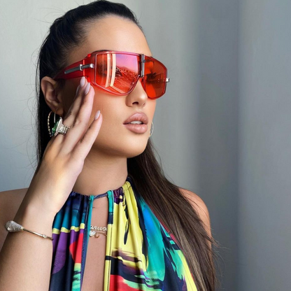 Bold Curved Color Tinted Lens Premium Metal Accent Shield Sunglasses D096