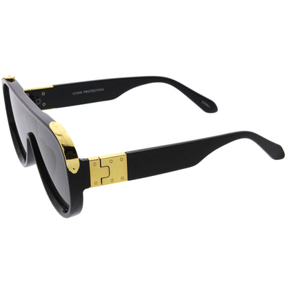High Fashion Neutral Rounded Lens Flat Top Oversize Shield Sunglasses D101