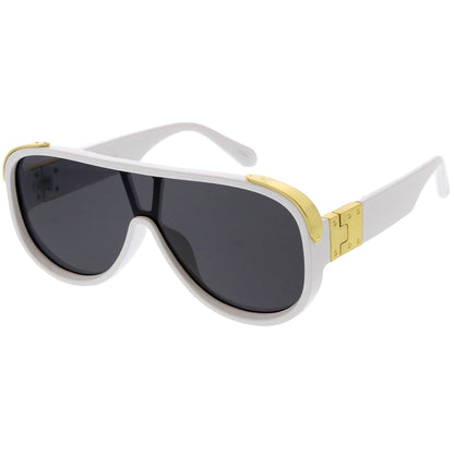 High Fashion Neutral Rounded Lens Flat Top Oversize Shield Sunglasses D101