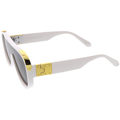 High Fashion Neutral Rounded Lens Flat Top Oversize Shield Sunglasses D101