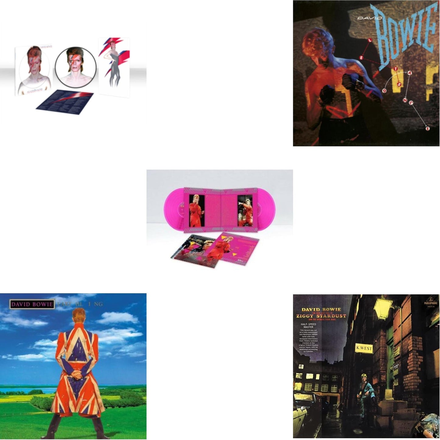 David Bowie - Earthling (2021 Remaster/2LP) & Let's Dance (2018 Remastered Version) & Rise & Fall Of Ziggy Stardust & The Spiders From Mars (2012 Remaster/Half-Speed Master) & Montreal '87 (Limited/Pink LP Vinyl) & Aladdin Sane (2013 Remaster)