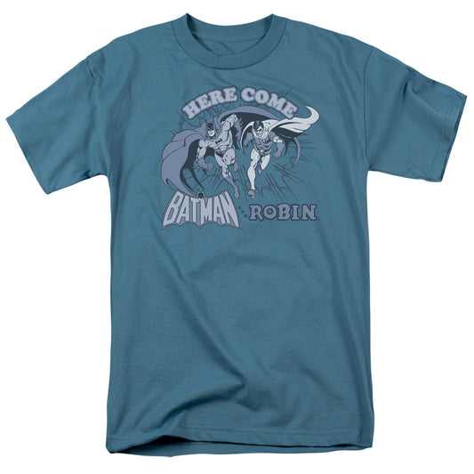 Dc Batman Here Come Batman And Robin Mens T Shirt Slate