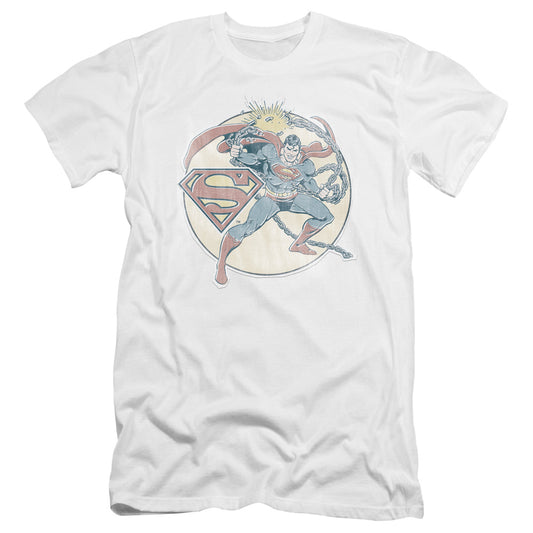 Dco Retro Superman Iron On Premium Bella Canvas Slim Fit Mens T Shirt White