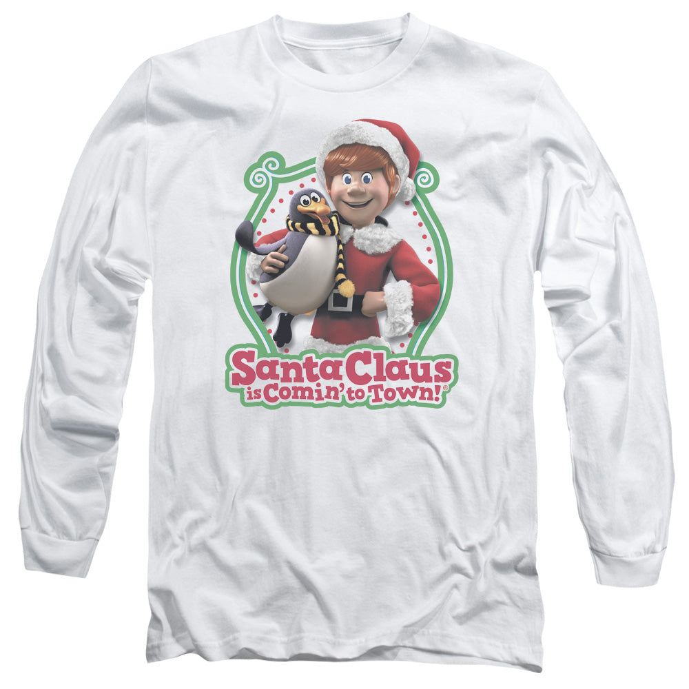 Santa Claus Is Comin To Town Penguin Mens Long Sleeve Shirt White Officially Licensed Officially Licensed