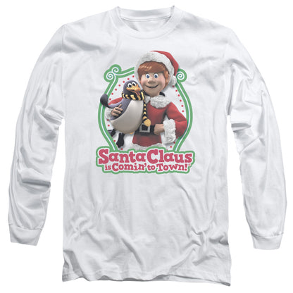 Santa Claus Is Comin To Town Penguin Mens Long Sleeve Shirt White Officially Licensed Officially Licensed