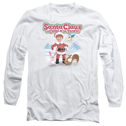 Santa Claus Is Comin To Town Animal Friends Mens Long Sleeve Shirt White Officially Licensed Officially Licensed