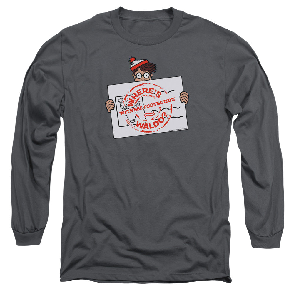 Wheres Waldo Witness Protection Mens Long Sleeve Shirt Charcoal Officially Licensed