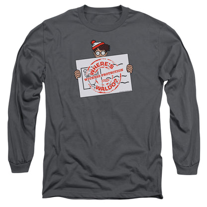 Wheres Waldo Witness Protection Mens Long Sleeve Shirt Charcoal Officially Licensed