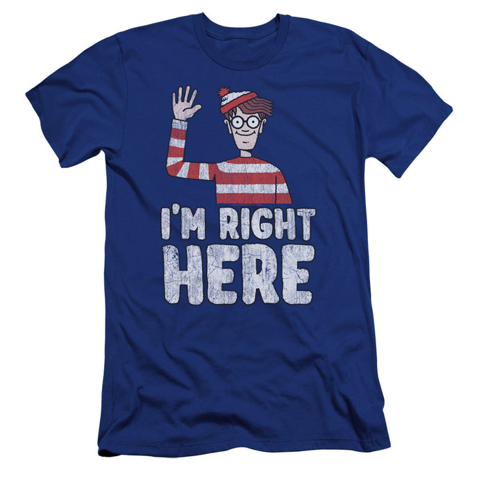 Wheres Waldo Im Right Here Hbo Premium Bella Canvas Slim Fit Mens T Shirt Royal Blue