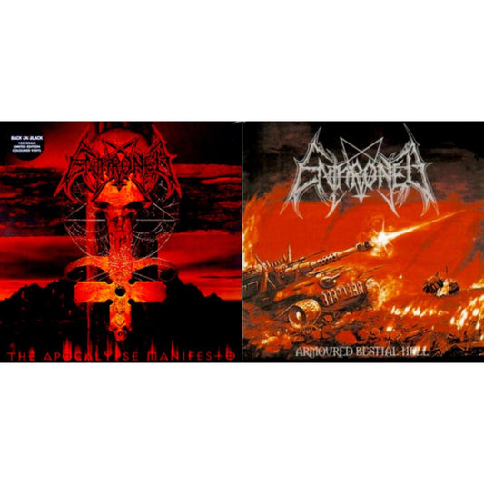 Enthroned - Apocolypse Manifesto (Clear LP Vinyl With Red/Orange/Grey Splatter LP Vinyl) & Armoured Bestial Hell (Clear LP Vinyl With Red/Orange/White Splatter LP Vinyl)