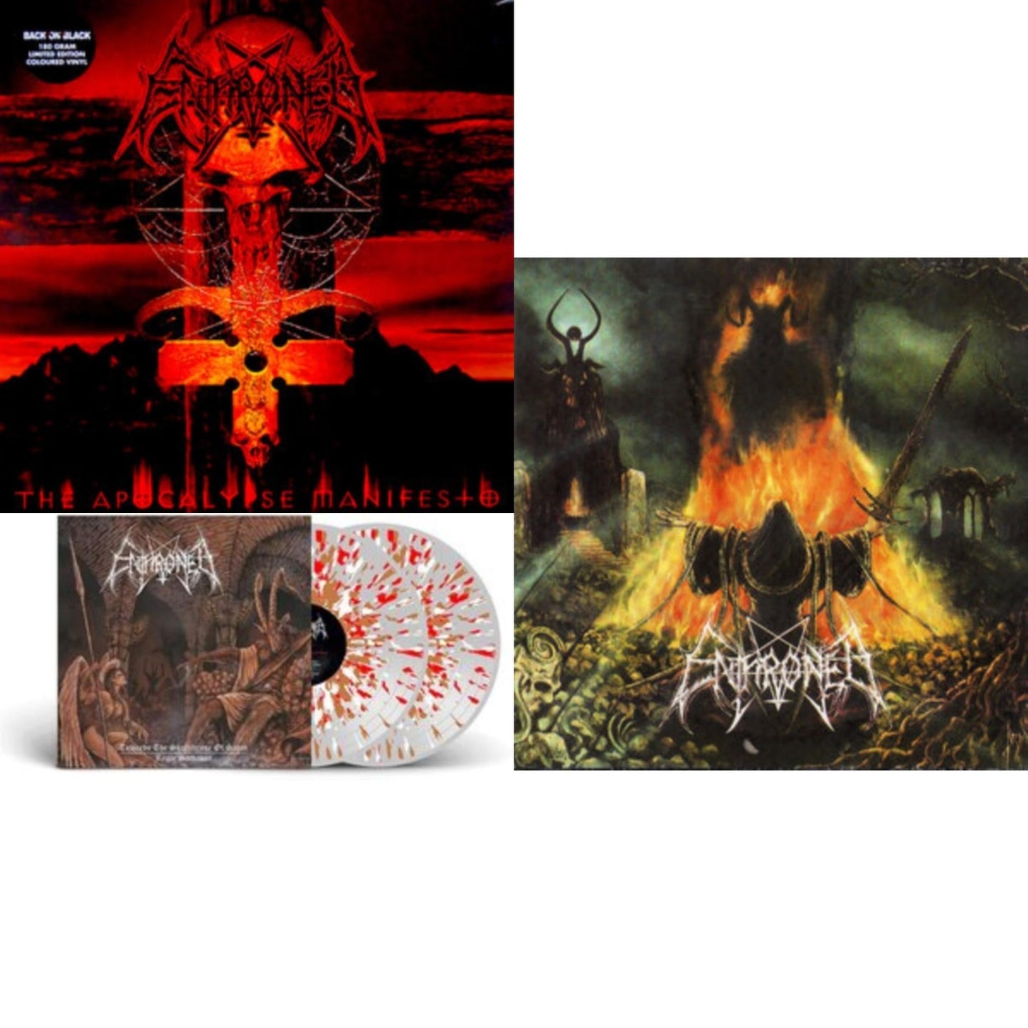 Enthroned - Prophecies Of Pagen Fire (2LP/Clear Vinyl With Red/Yellow/Black Splatter Vinyl) & Apocolypse Manifesto (Clear LP Vinyl With Red/Orange/Grey Splatter LP Vinyl) & Towards The Skullthrone / Regie Sathanas (Clear LP Vinyl With Brown/Red/White