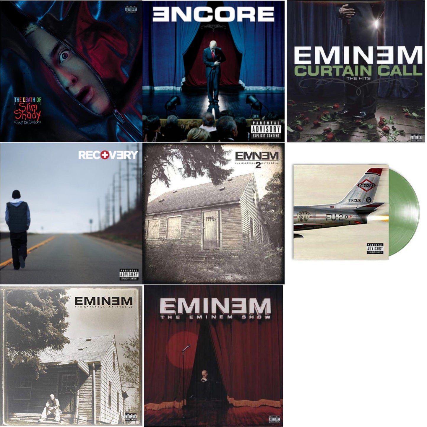 Eminem - Death Of Slim Shady (Coup De Grace) (X) (Red/Blue Vinyl/2LP) & Encore & Curtain Call: Hits & Recovery & Marshall Mathers LP 2 & Kamikaze (Opaque Olive Green LP Vinyl/Gatefold Jacket) & Marshall Mathers LP & Eminem Show